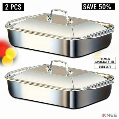 Stainless Steel Baking Pan Set 4-Piece, 2 Deep Roasting Pans & 2 Lidded Pans with Handles for Entryways, Bedrooms and Living Spaces