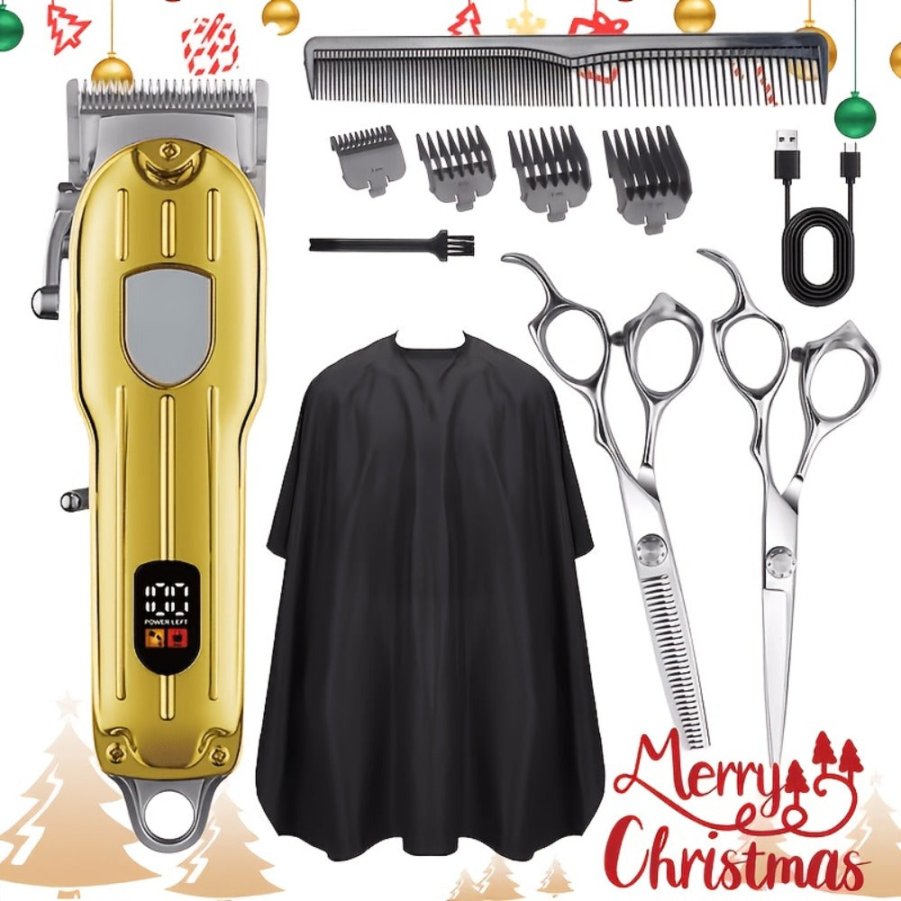 Barber Hair Clipper Kit for Men – USB Rechargeable Digital Size Adjustment, Complete Set with Scissors & 4 Limit Combs