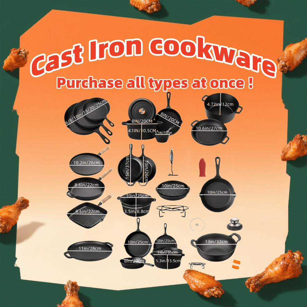 Cast Iron Cookware Set for Kitchen Camping BBQ – Non-Stick Skillet Dutch Pot Frying Pan Baking Tray Griddle Options