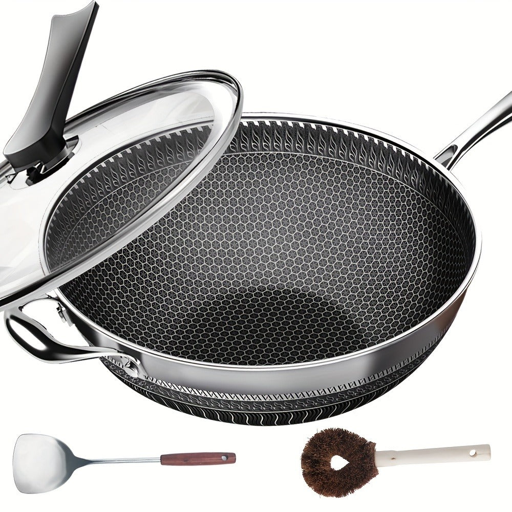 Stainless Steel Wok 13.3 Inch Honeycomb Non-Stick with Lid Spatula & Pot Brush, All Cooktop Compatible Stir Fry Pan