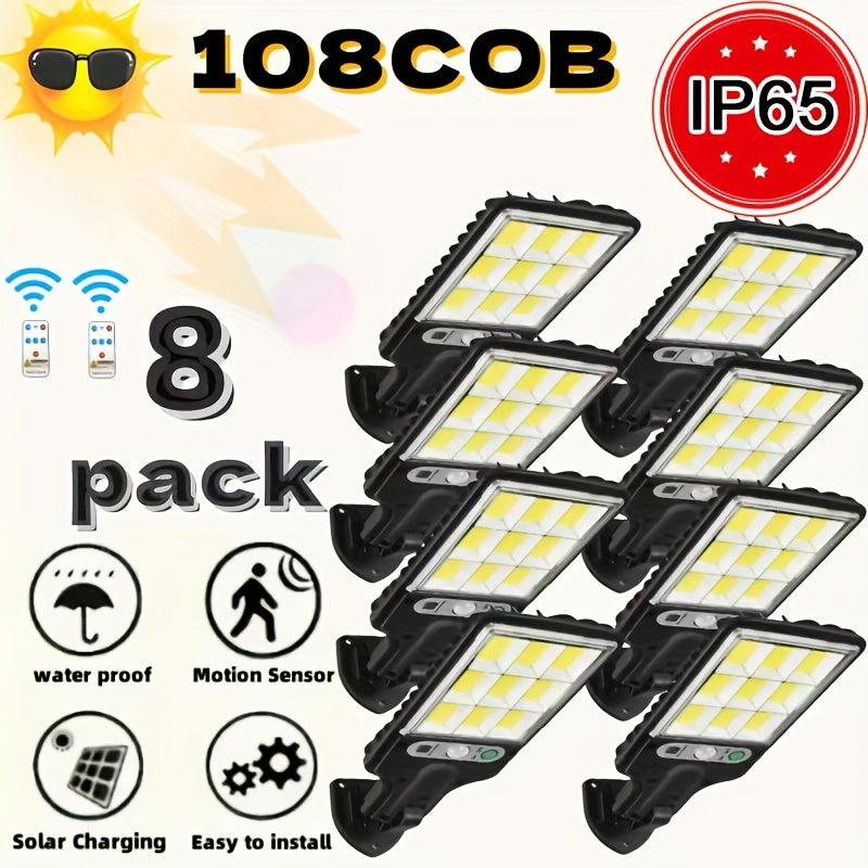 Solar Motion Sensor Security Wall Light 108COB LED, Outdoor Solar Powered Street Light with Remote Control & 3 Modes