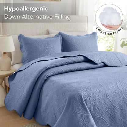 Floral-Pattern Three-Piece Bedspread Set in 16 Colors with Twin, Queen, King and California King Sizes