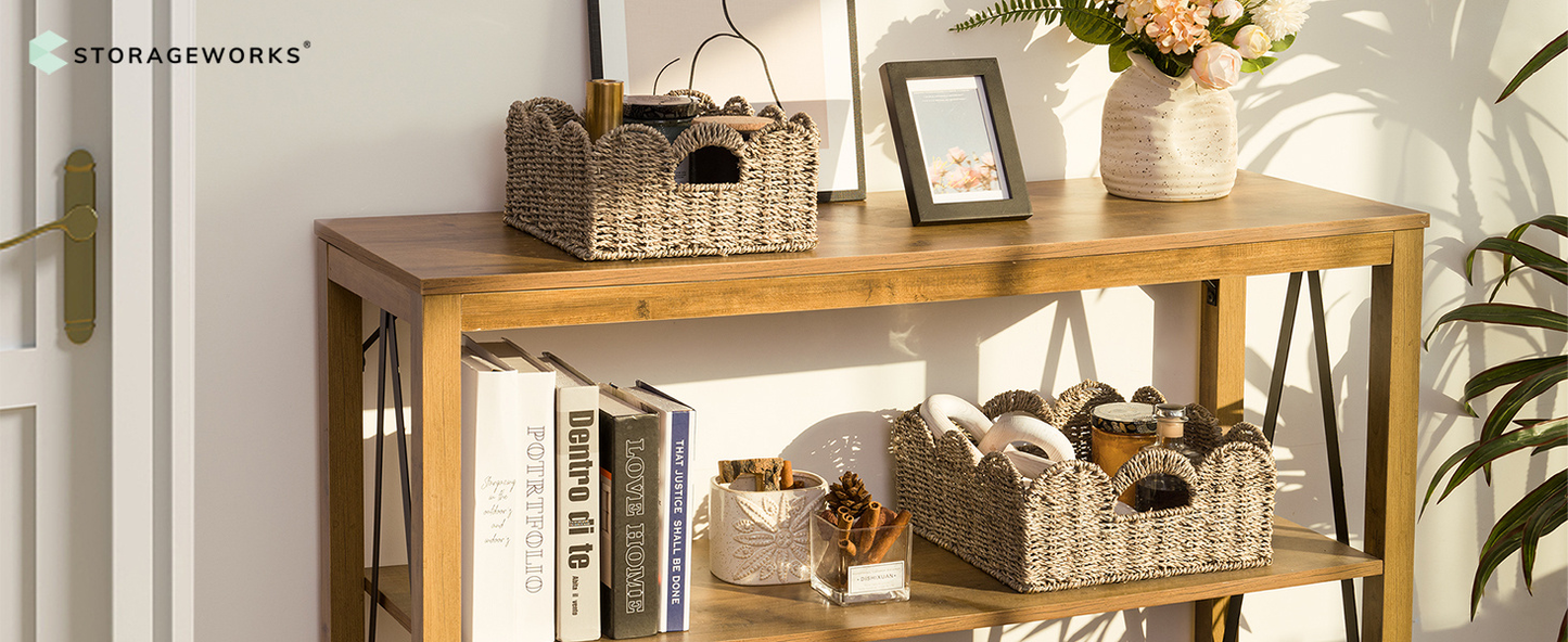 Scalloped Wicker Storage Baskets Set of 2 with Handles in Water Hyacinth or Seagrass Weave