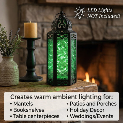Moroccan Candle Lantern Holder - Decorative Metal & Glass Lantern with Embossed Floral Design for Indoor Home Decor