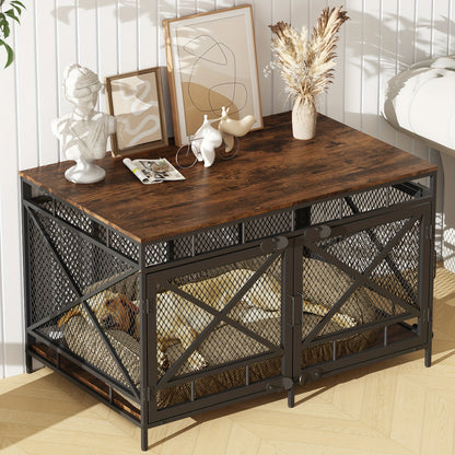 Dog Crate Furniture 43 Inch Corner Indoor Kennel, Heavy Duty Engineered Wood Dog Cage with Side Door for Large Medium Breeds