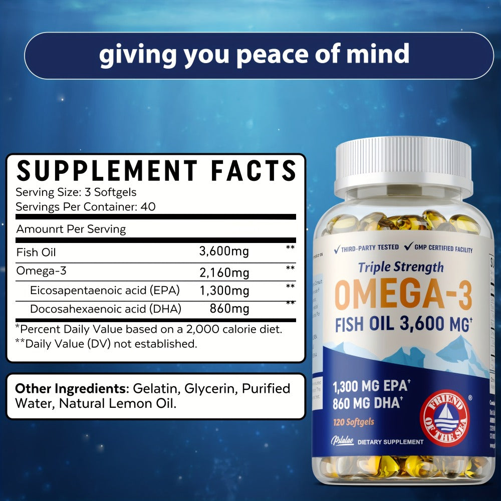 Triple Strength Omega 3 Fish Oil 120 Capsules with High EPA & DHA for Eye, Brain & Heart Health, Joint & Immune Support for Men & Women
