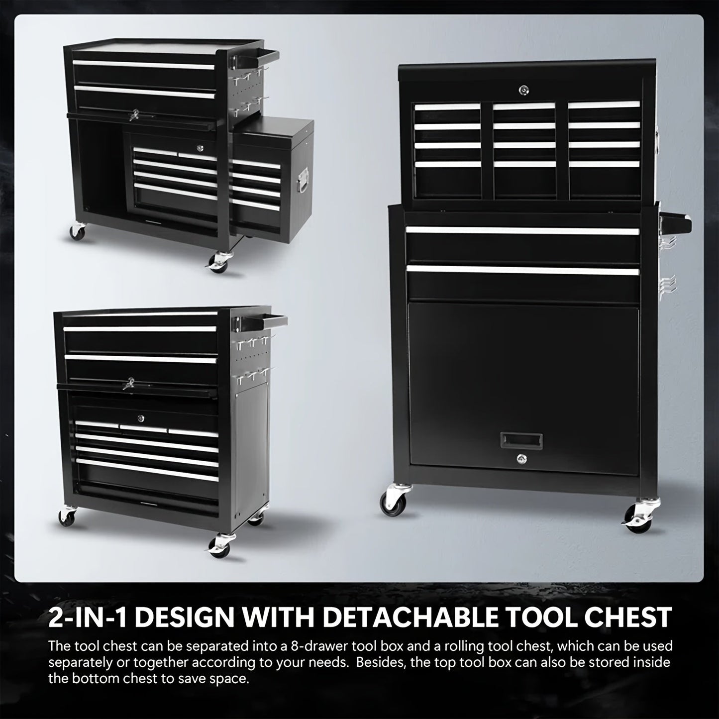 Rolling Tool Chest 8-Drawer Alloy Steel 2-in-1 Mobile Workbench Detachable Top Lockable Wheels Garage for Garden, Patio and Yard Use