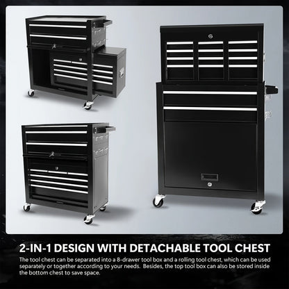 Rolling Tool Chest 8-Drawer Alloy Steel 2-in-1 Mobile Workbench Detachable Top Lockable Wheels Garage for Garden, Patio and Yard Use