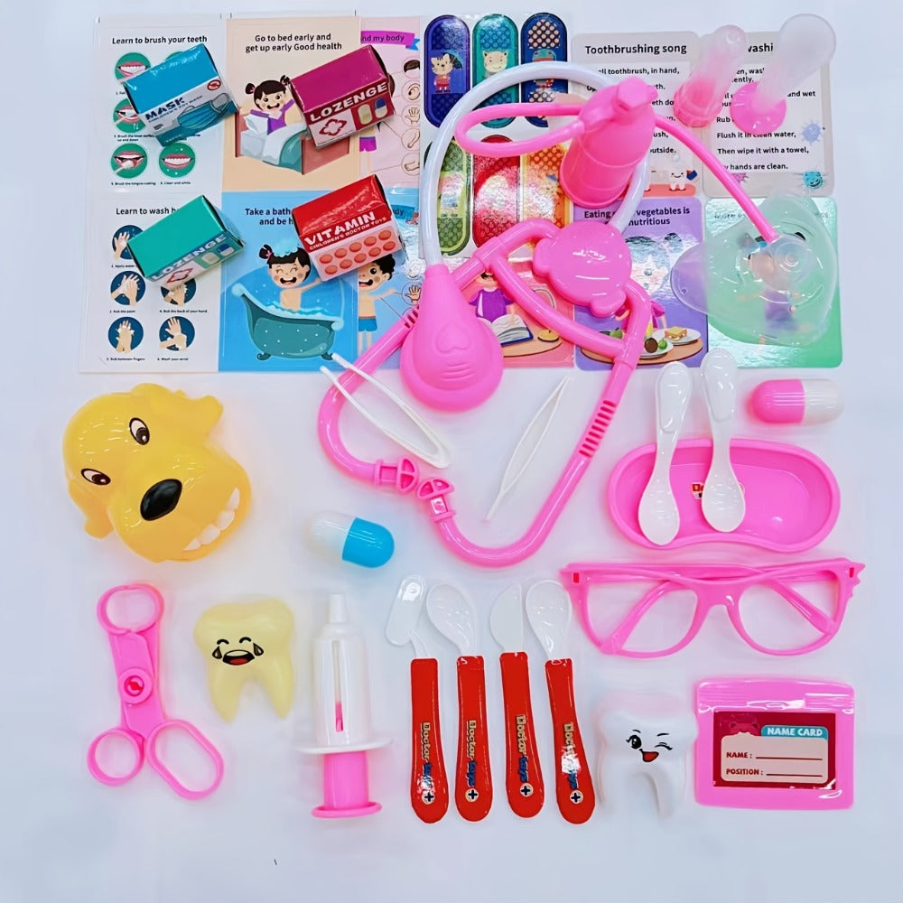 Pink Doctor Pretend Play Toy Set 40pcs for Girls, Simulation Nurse Kit with Stethoscope Injection Dental Tools