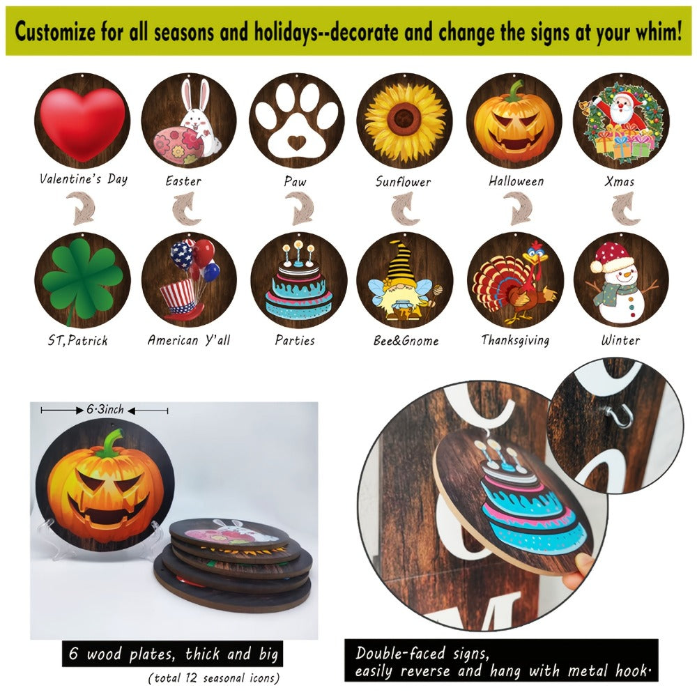 Porch Sign with 12 Interchangeable Seasonal Icons 47 Inch Tall – Welcome Sign for Front Door, Wind Resistant Leaner Board for Patio Yard