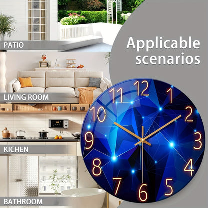 Blue Glass-Face Wall Clock with Gold-Tone Numerals, Quartz Movement and Five Diameter Options from 12 to 24 Inches