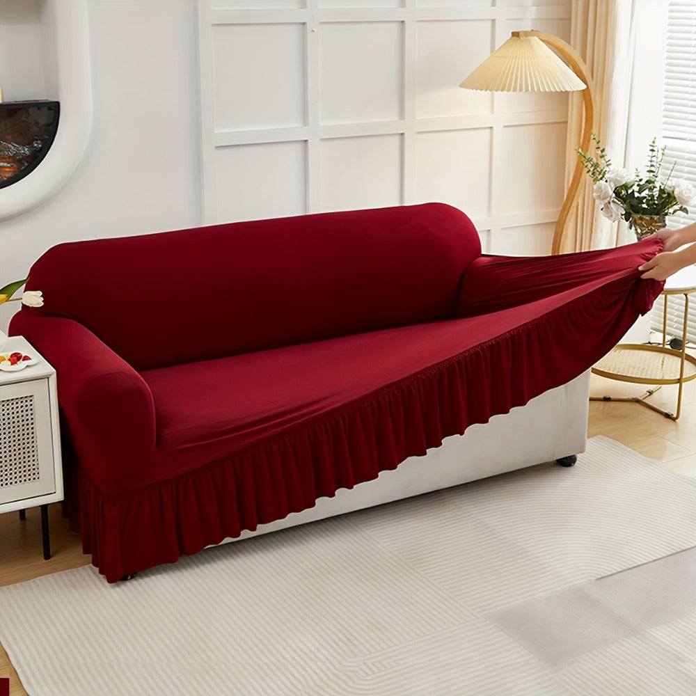 Sofa Cover Textured Skirted Full-Cover Slipcover with Elastic Stretch and Backing Detail for 3 or 4 Seats