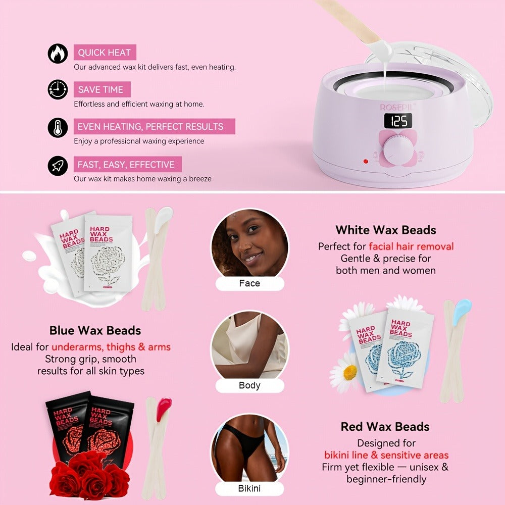 Wax Hair Removal Kit Digital Wax Pot with 6 Wax Bead Packets – Smart Temperature Control Salon-Grade Waxing Set for Body Bikini Face Legs