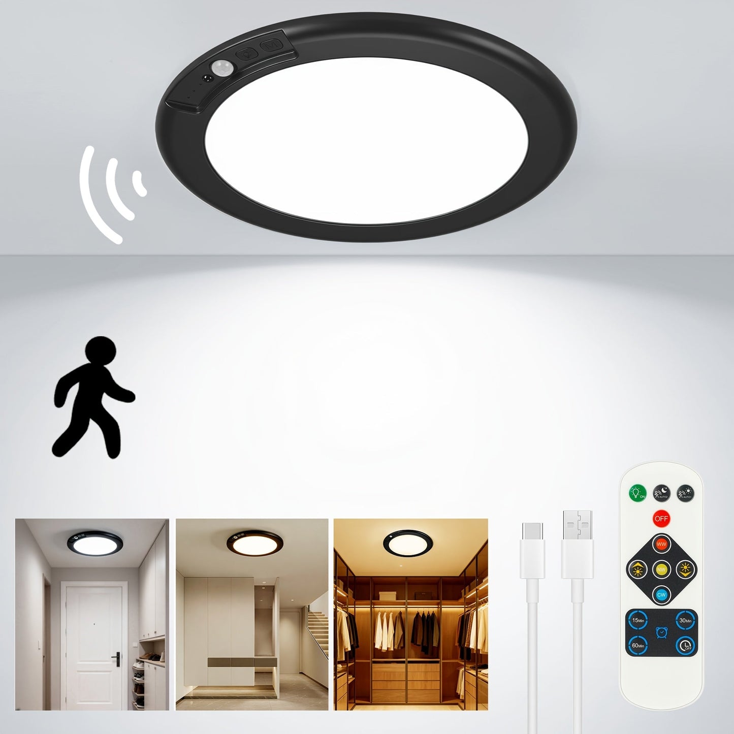 Rechargeable LED Ceiling Light with Motion Sensor, Remote Control Dimmable, 3 Color Temps 3000K/4500K/6500K