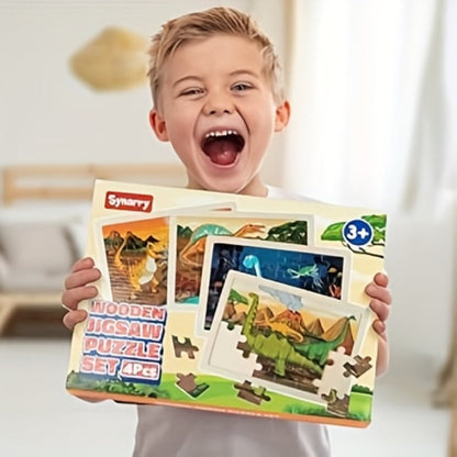 Dinosaur Puzzle Set for Kids Ages 3-8 Wooden 4-in-1 Jigsaw with 24 Pieces Each, Colorful Preschool Educational Toy for Boys & Girls