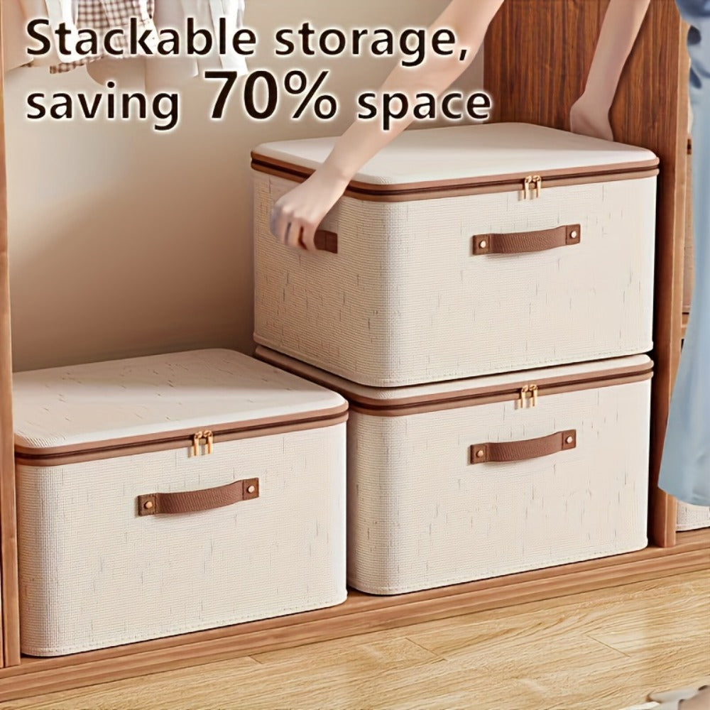 Foldable Storage Boxes with Lids 2-Pack, Large Linen Storage Baskets with Double Zippers & Leather Handles