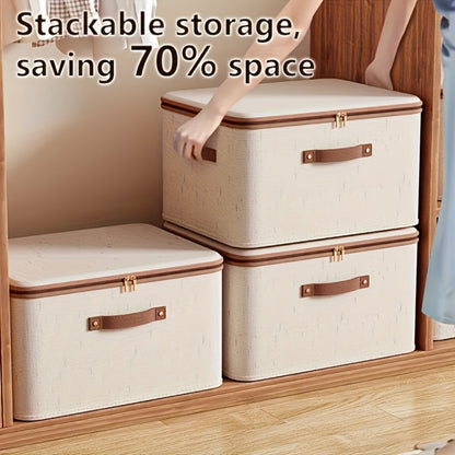 Foldable Storage Boxes with Lids 2-Pack, Large Linen Storage Baskets with Double Zippers & Leather Handles