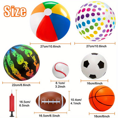 Kids Playground Ball Set 7-Pack with Air Pump, 10.6 Inch Outdoor Ball Plus 6-Inch Basketball Football Rugby