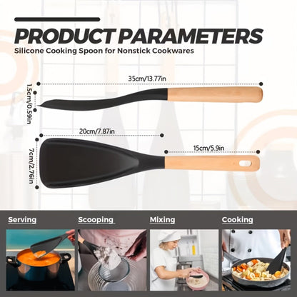 Silicone Cooking Spoon with Wooden Handle 12 Inch – Heat Resistant Nonstick Safe Kitchen Spoon for Cooking Serving Mixing Scraping