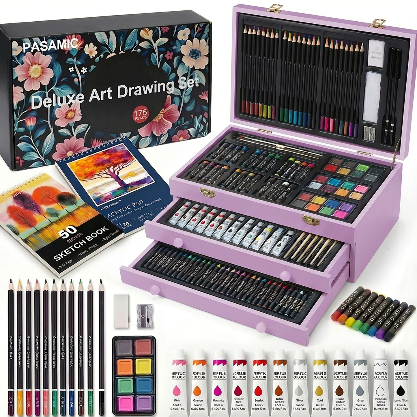 172 Piece Deluxe Art Set in Wooden Case with 2 Drawing Pads Crayons Acrylic with the Listed Color, Size or Set Options for Everyday Use