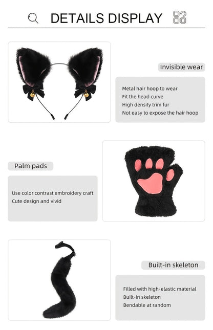 Cat Costume Set 3 Piece, Bell Ear Headband, Plush Paw Gloves & Adjustable Tail for Halloween, Cosplay