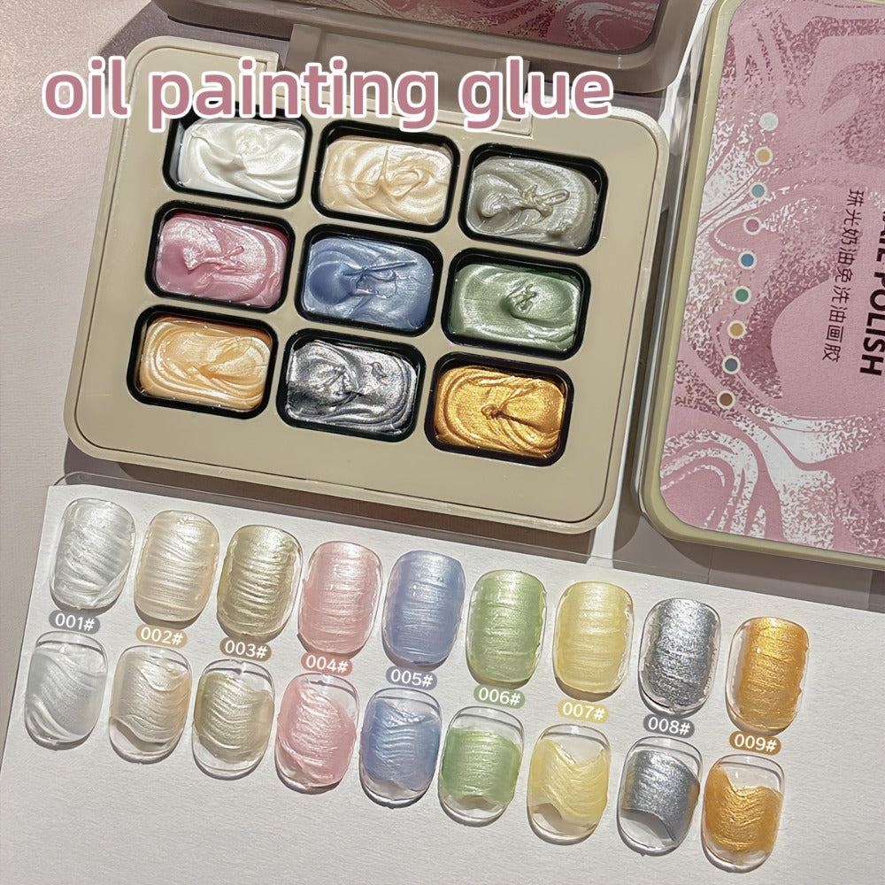 Pearlescent Nail Gel 9-Grid Shell Shimmer Mother of Pearl Cream Oil Painting Gel Polish Set – Multicolor Glitter Iridescent Spiral Design