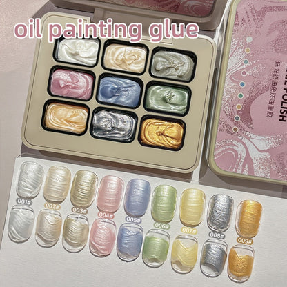 Pearlescent Nail Gel 9-Grid Shell Shimmer Mother of Pearl Cream Oil Painting Gel Polish Set – Multicolor Glitter Iridescent Spiral Design