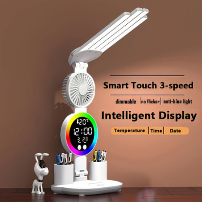LED Desk Lamp with Built-in Fan & Touch Control, Dual Head Adjustable, USB Charging, 3 Color Modes Dimmable