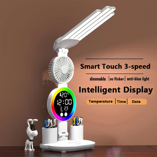 LED Desk Lamp with Built-in Fan & Touch Control, Dual Head Adjustable, USB Charging, 3 Color Modes Dimmable