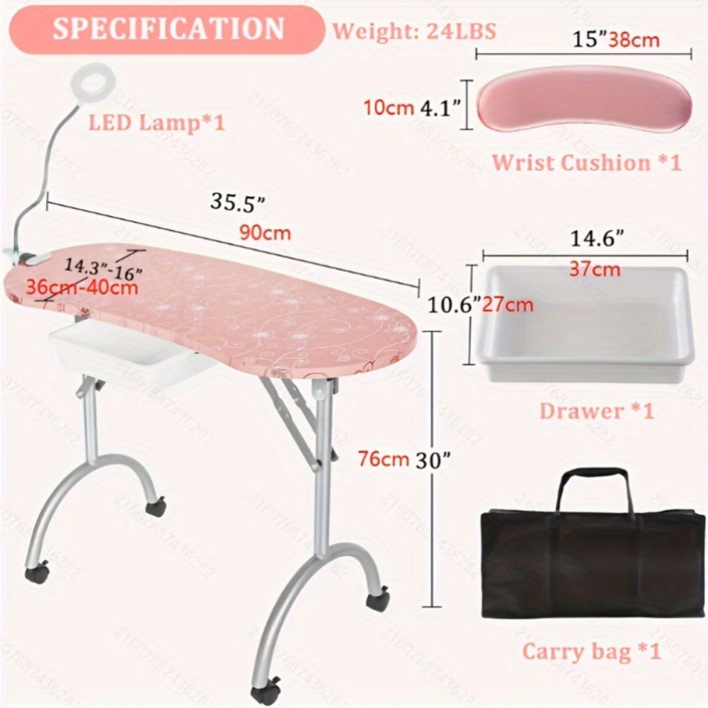 Foldable Nail Table with LED Lamp Drawer Lockable Wheels Wrist Cushion & Carrying Bag, Portable Manicure
