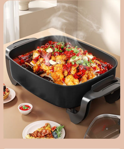 Electric Ceramic Non-Stick Pot 12x12 Inch 1500W Square Skillet with Glass Lid Adjustable for Home Cooking, Dining and Outdoor Meals