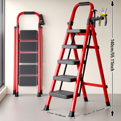 Folding Step Ladder 3 5 Step Steel Anti-Slip Wide Treads Handrail Safety Lock Portable for Home Cooking, Dining and Outdoor Meals