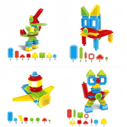 Building Block Set Bristle Construction Pieces, 150-Piece Colorful Interlocking Shapes with Storage Tub