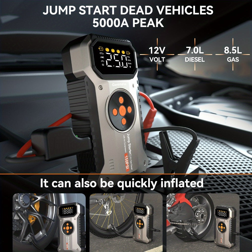 5000A Peak Jump Starter with Air Compressor 150PSI Digital Tire Inflator for 12V Gas Diesel Vehicles – Portable Car Battery Booster USB