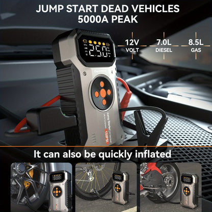 5000A Peak Jump Starter with Air Compressor 150PSI Digital Tire Inflator for 12V Gas Diesel Vehicles – Portable Car Battery Booster USB