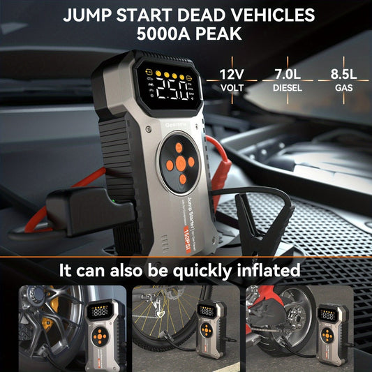 5000A Peak Jump Starter with Air Compressor 150PSI Digital Tire Inflator for 12V Gas Diesel Vehicles – Portable Car Battery Booster USB