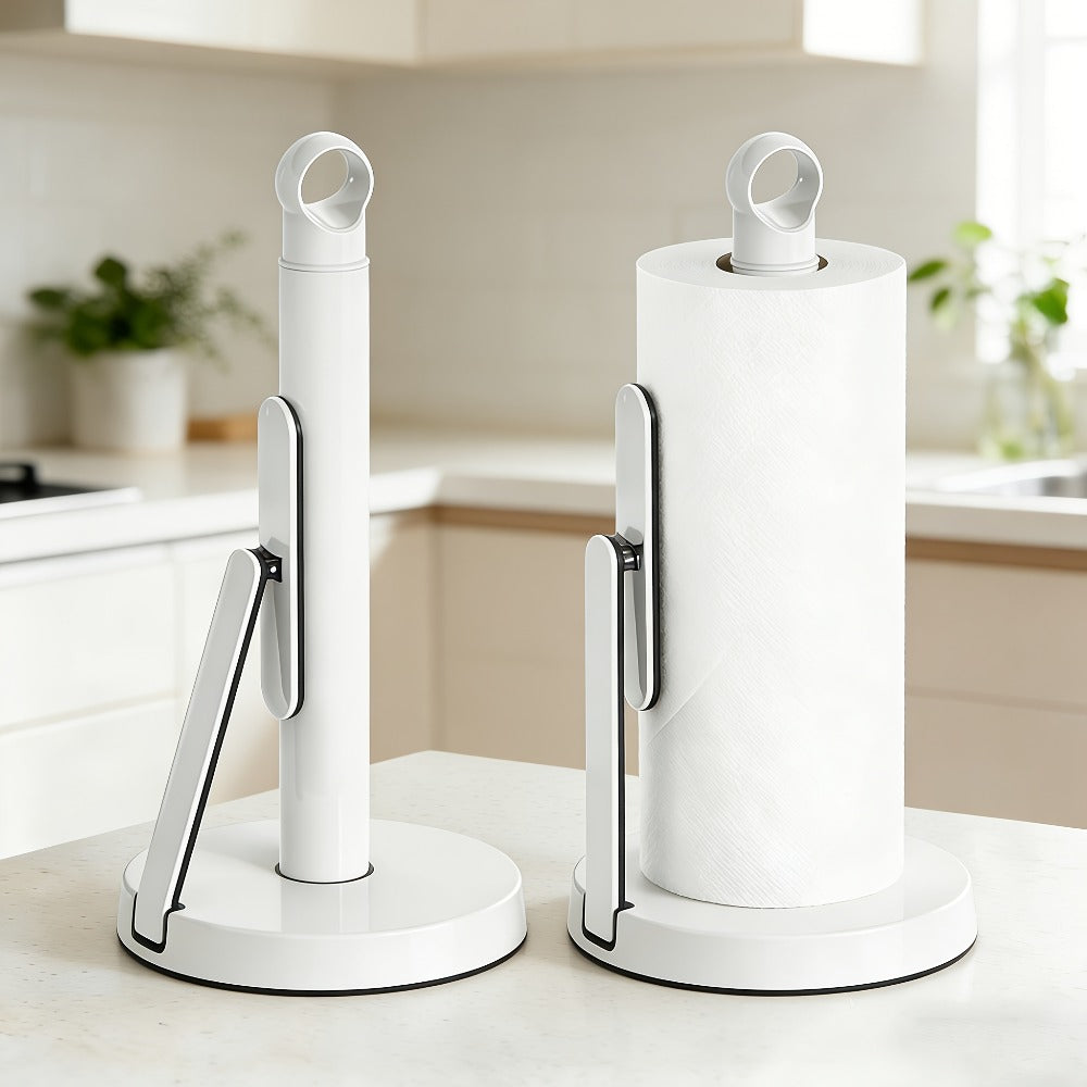 Paper Towel Holder Countertop – Stainless Steel Standing Dispenser with Tension Arm for One-Handed Tear