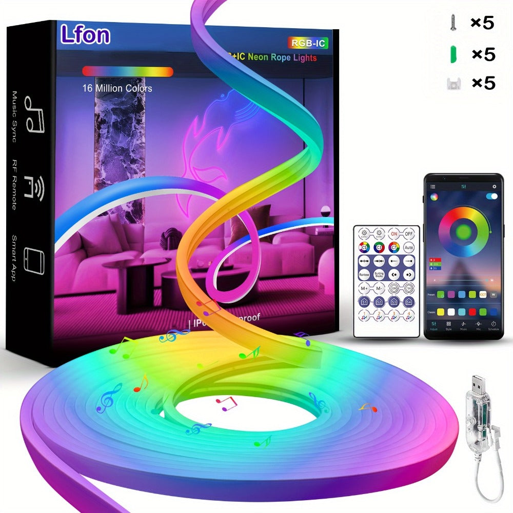 RGBIC Color Chasing LED Neon Rope Light with App & Remote Control, Music Sync, DIY Design, Multi-Color Including White