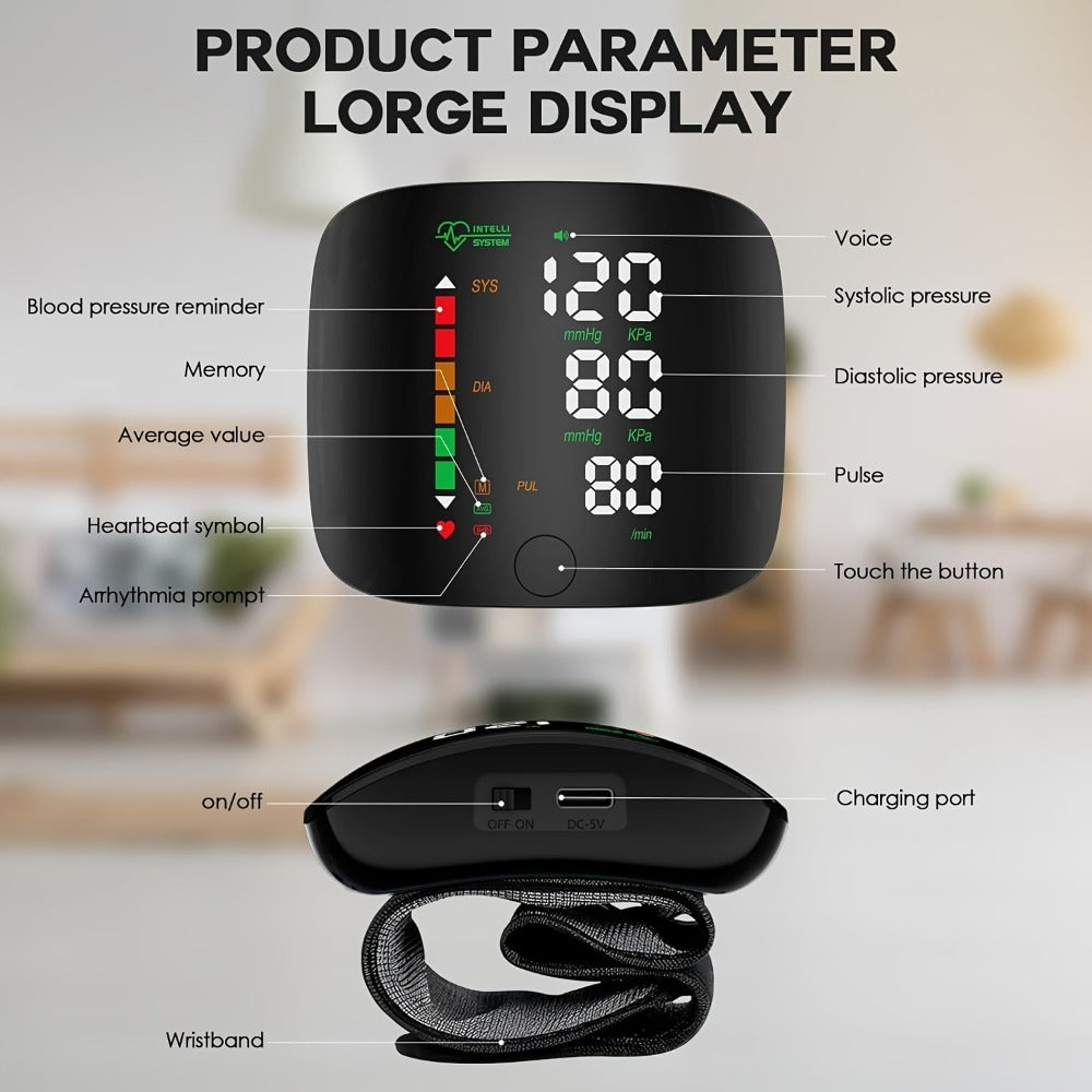 Wrist Blood Pressure Monitor Professional – Automatic BP Monitor with High-Precision LCD Display, Voice Language Prompts & Memory Function
