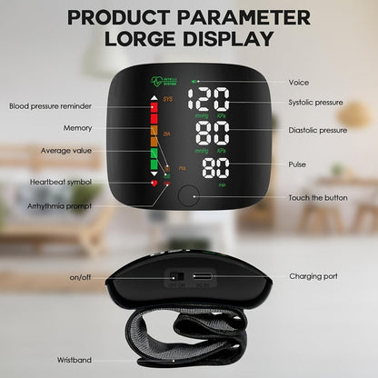 Wrist Blood Pressure Monitor Professional – Automatic BP Monitor with High-Precision LCD Display, Voice Language Prompts & Memory Function