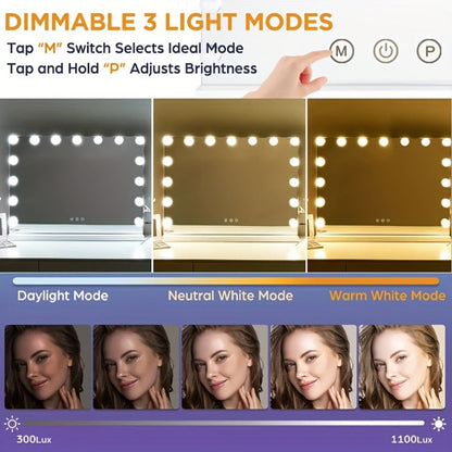 Hollywood Vanity Mirror with 15 Dimmable Bulbs, 23 x 18 Inch Frame, Three Light Colors and USB Port