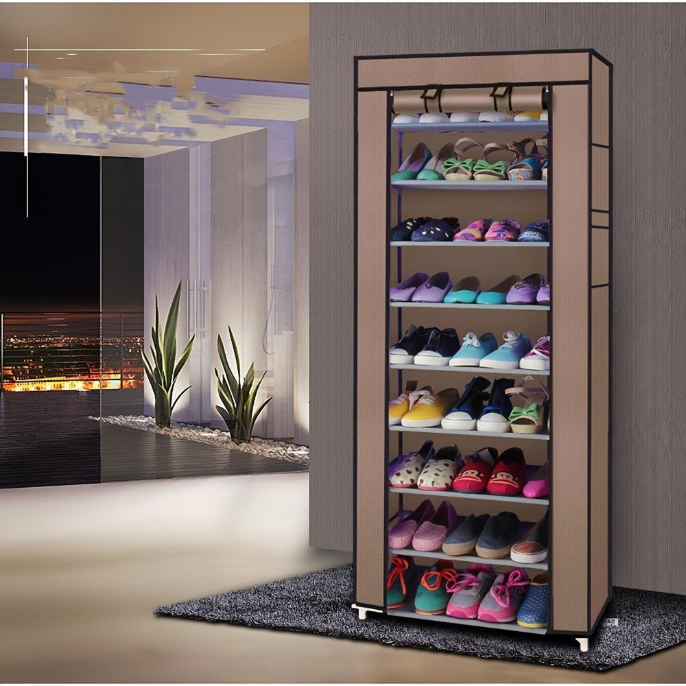 Covered Ten-Layer Shoe Organizer with Nine Cubbies in Grey or Burgundy Fabric Checkout Colors