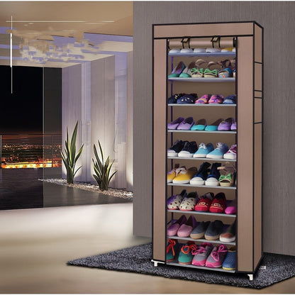 Covered Ten-Layer Shoe Organizer with Nine Cubbies in Grey or Burgundy Fabric Checkout Colors
