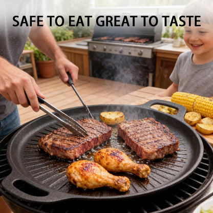 BBQ Griddle Pan Non-Stick with Oil Drain Groove & Double Handles for Home Cooking, Dining and Outdoor Meals