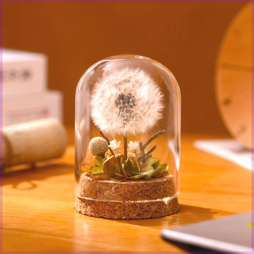 Dandelion Glass Dome Tabletop Decor with White Seed Head, Cork-Look Base, 3.2 x 2.4-Inch Size and Red or Pink Flowers