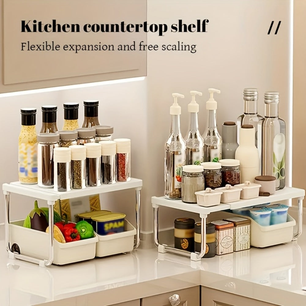 Expandable Countertop Shelf Riser with Short Legs, White or Cream Finish and 11.2- to 20.3-Inch Width