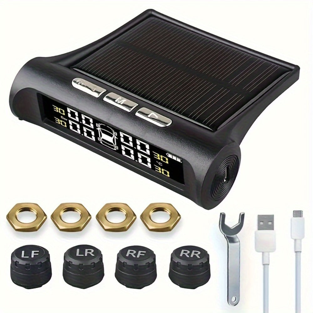 TPMS Tire Pressure Monitor Solar & USB Powered – Real-Time LCD Display, 6-Mode Auto Alarm, Windshield Mount, Day & Night Readable