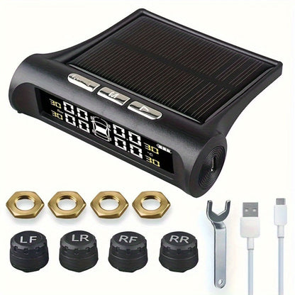 TPMS Tire Pressure Monitor Solar & USB Powered – Real-Time LCD Display, 6-Mode Auto Alarm, Windshield Mount, Day & Night Readable