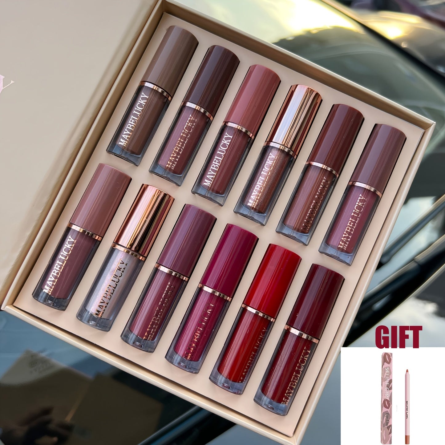 Liquid Lipstick Set 12 Pcs Velvet Matte, Non-Transfer Shimmer & Nude Shades in Elegant Book-Style Gift Box