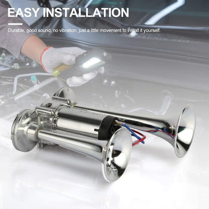 Dual Trumpet Air Horn Kit 12V 110dB – Super Loud Electric Horn with Compressor, Chrome Zinc-Alloy, Universal Fit for Car Truck SUV Boat